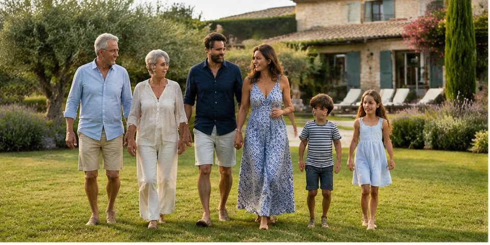 Familie in een tuin bij een vakantiehuis