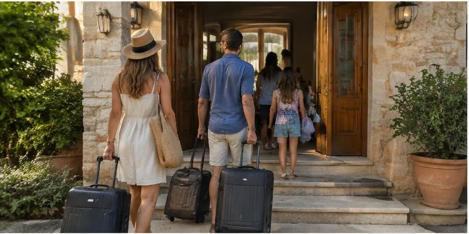 Mensen komen aan bij een vakantiehuis