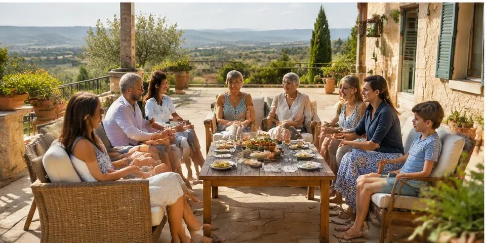 Familie aan tafel in een tuin