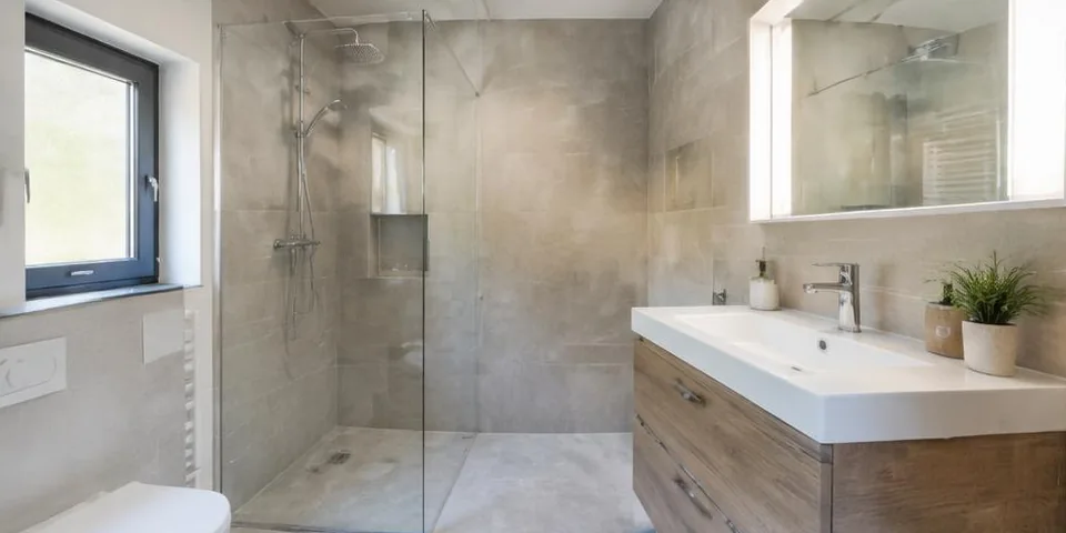 Badkamer met douche en wastafel