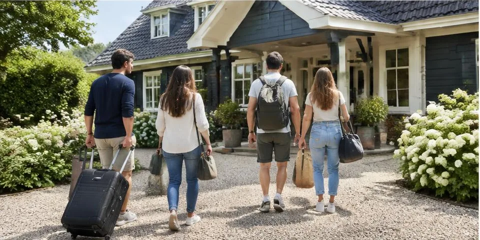 Groep met bagage bij een vakantiehuis
