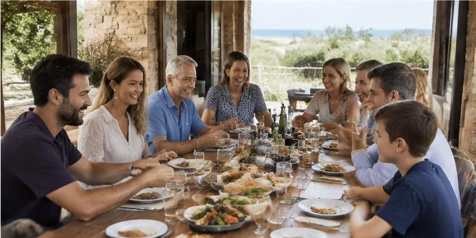 Familie aan een grote eettafel