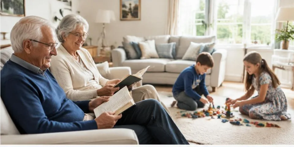 Oudere en jongere familieleden in een woonkamer