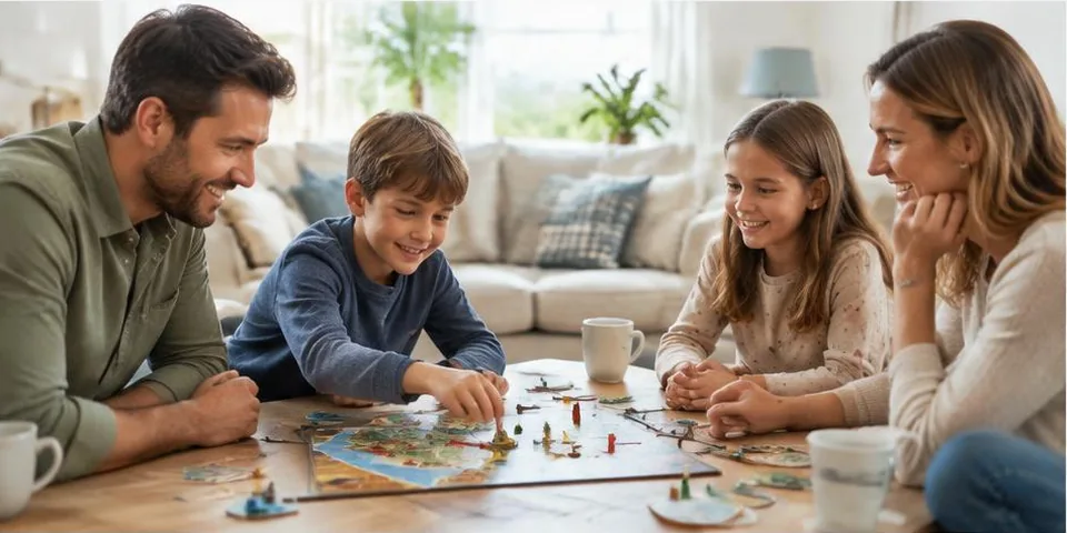 Familie speelt een spel aan tafel