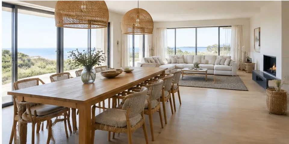 Woonkamer met bank en grote ramen