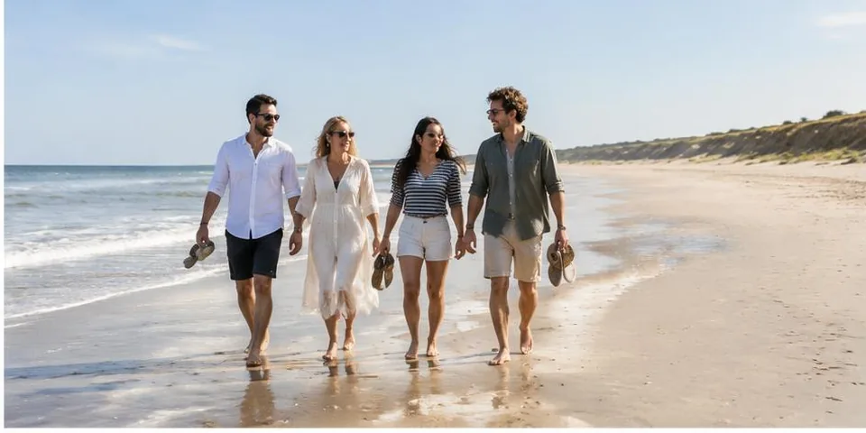 Familie wandelt op het strand
