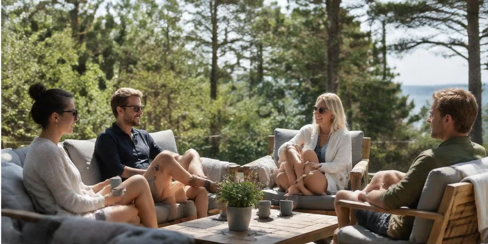 Vrienden aan een tafel in de tuin