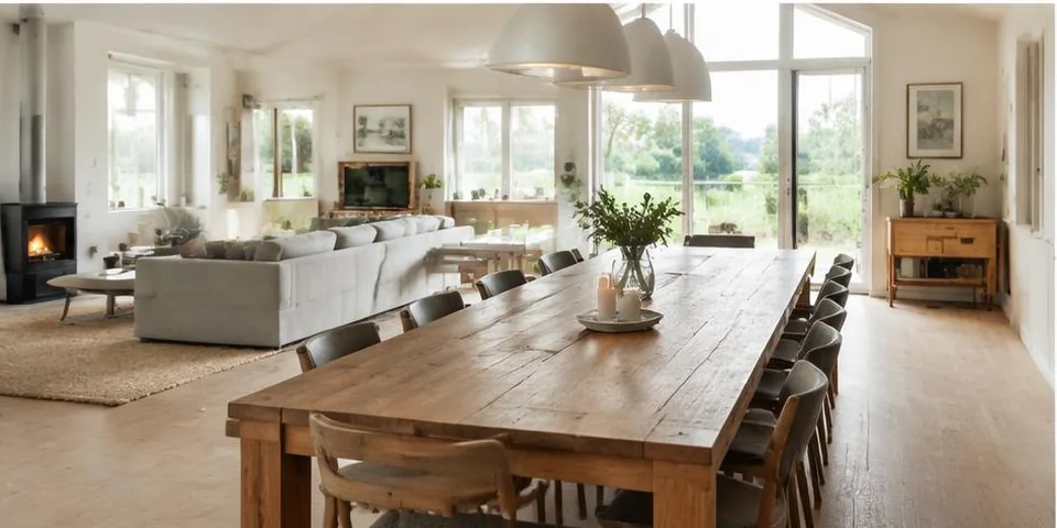 Woonkamer met bank en houten tafel