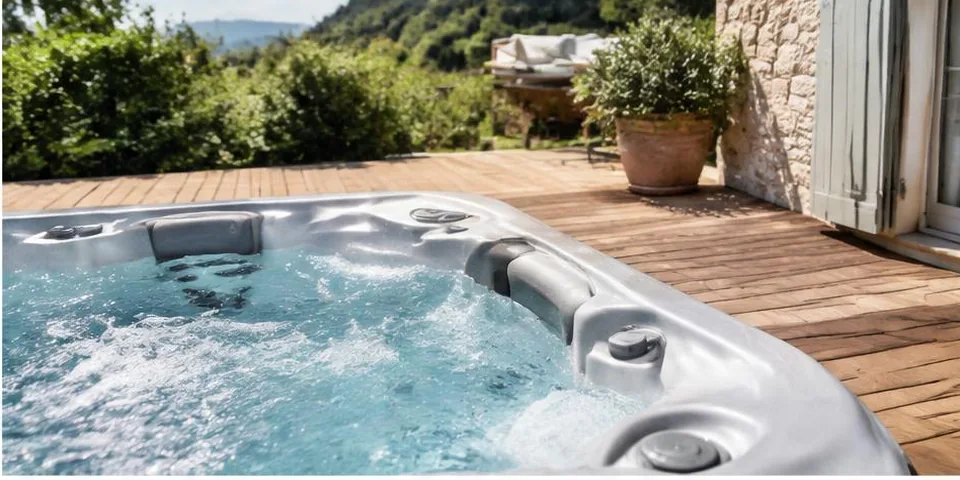 Buitenbad met terras en ligstoelen