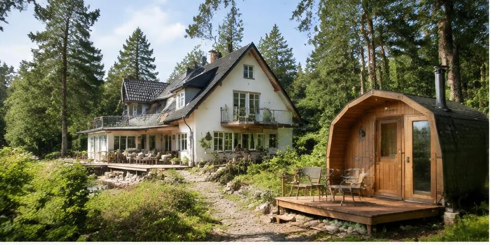 Vakantiehuis met saunahut tussen bomen