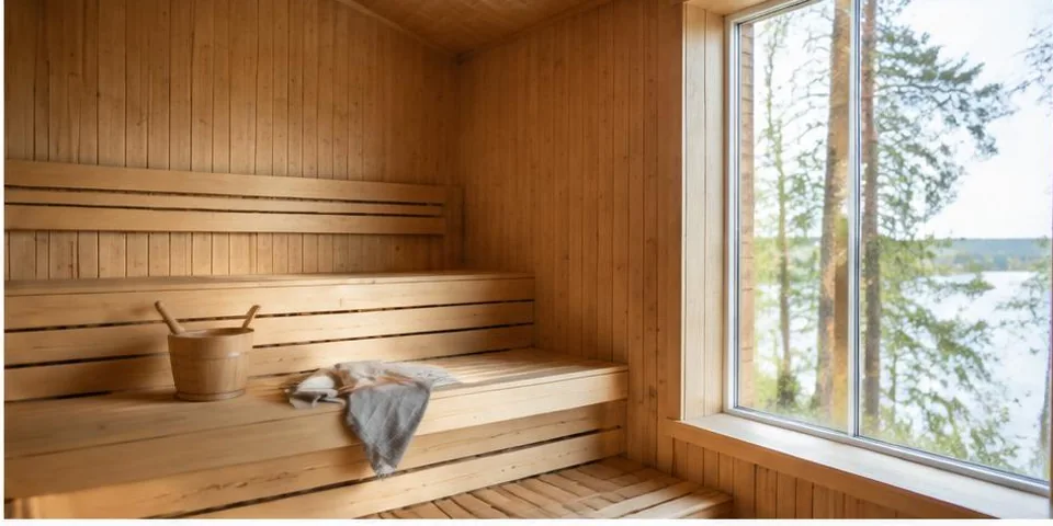 Houten sauna met banken