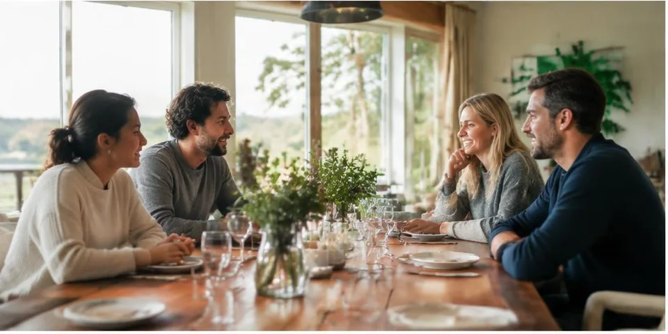 Vrienden praten aan een eettafel