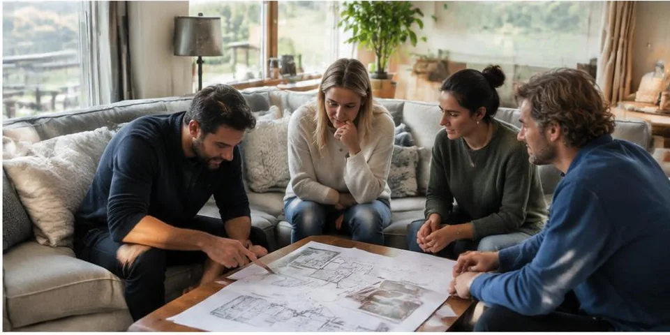 Groep overlegt in een woonkamer