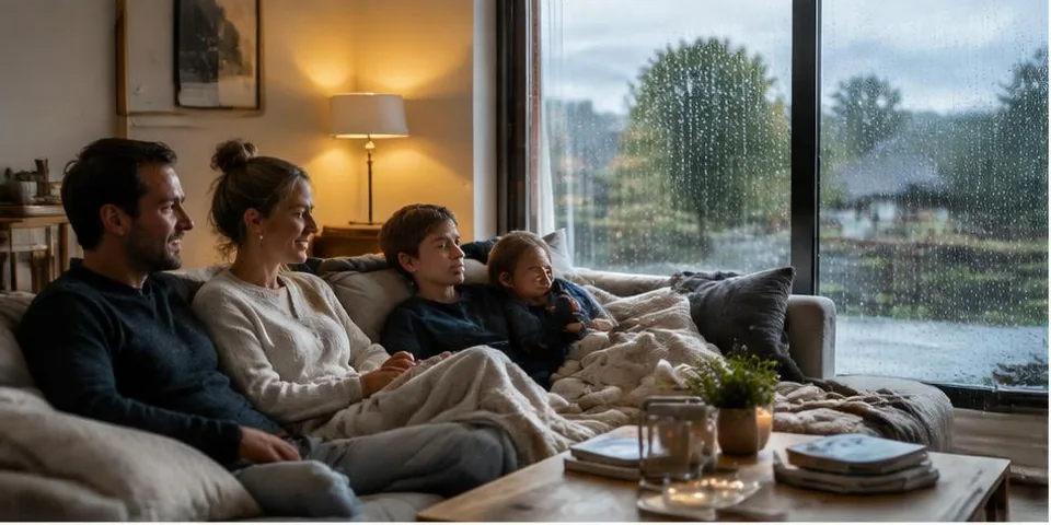 Familie in een woonkamer bij een regenachtig raam